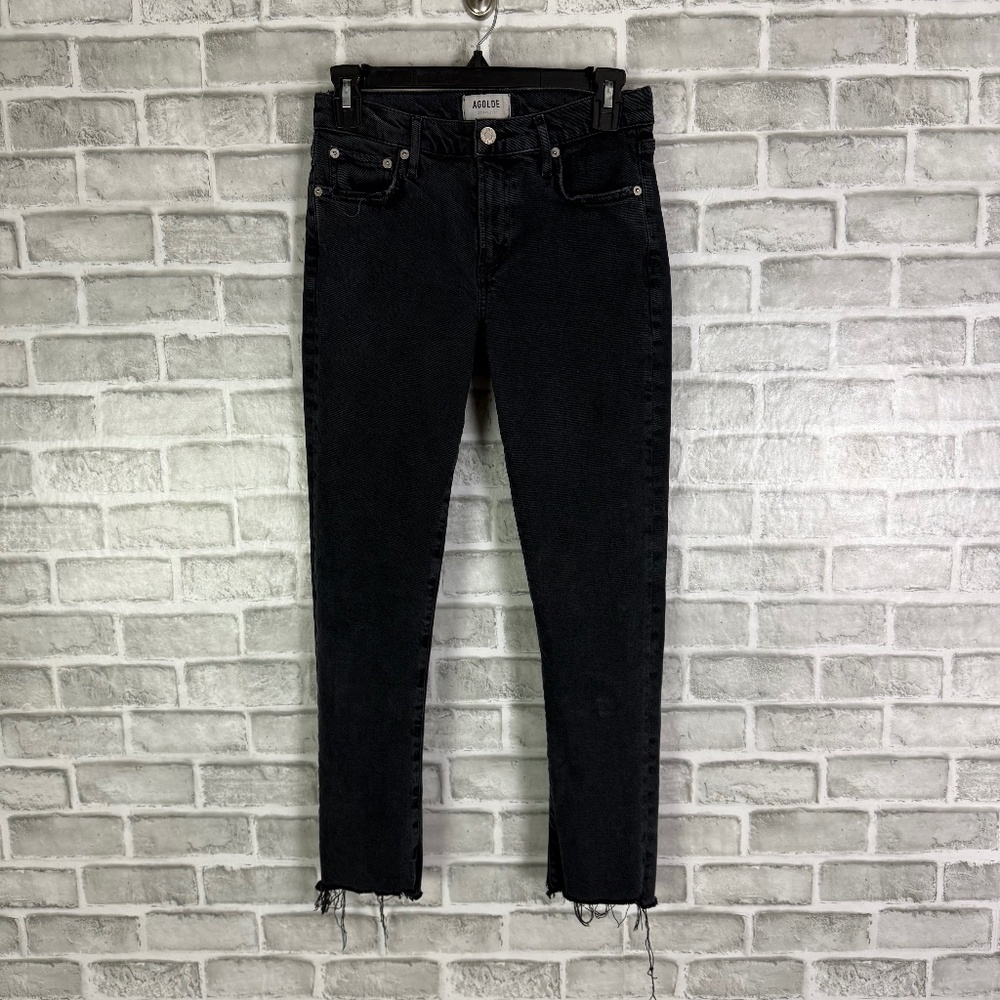 AGOLDE Toni Black Denim Fray Cuffs Mid Rise Skinny Ankle Jeans Womens 25 x 26